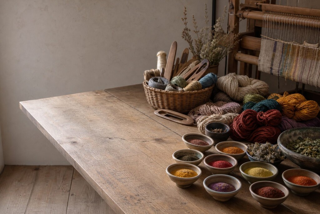 A wide worktable showing colorful weaving threads, natural dyes in bowls, and weaving tools with soft side light and empty space on one side