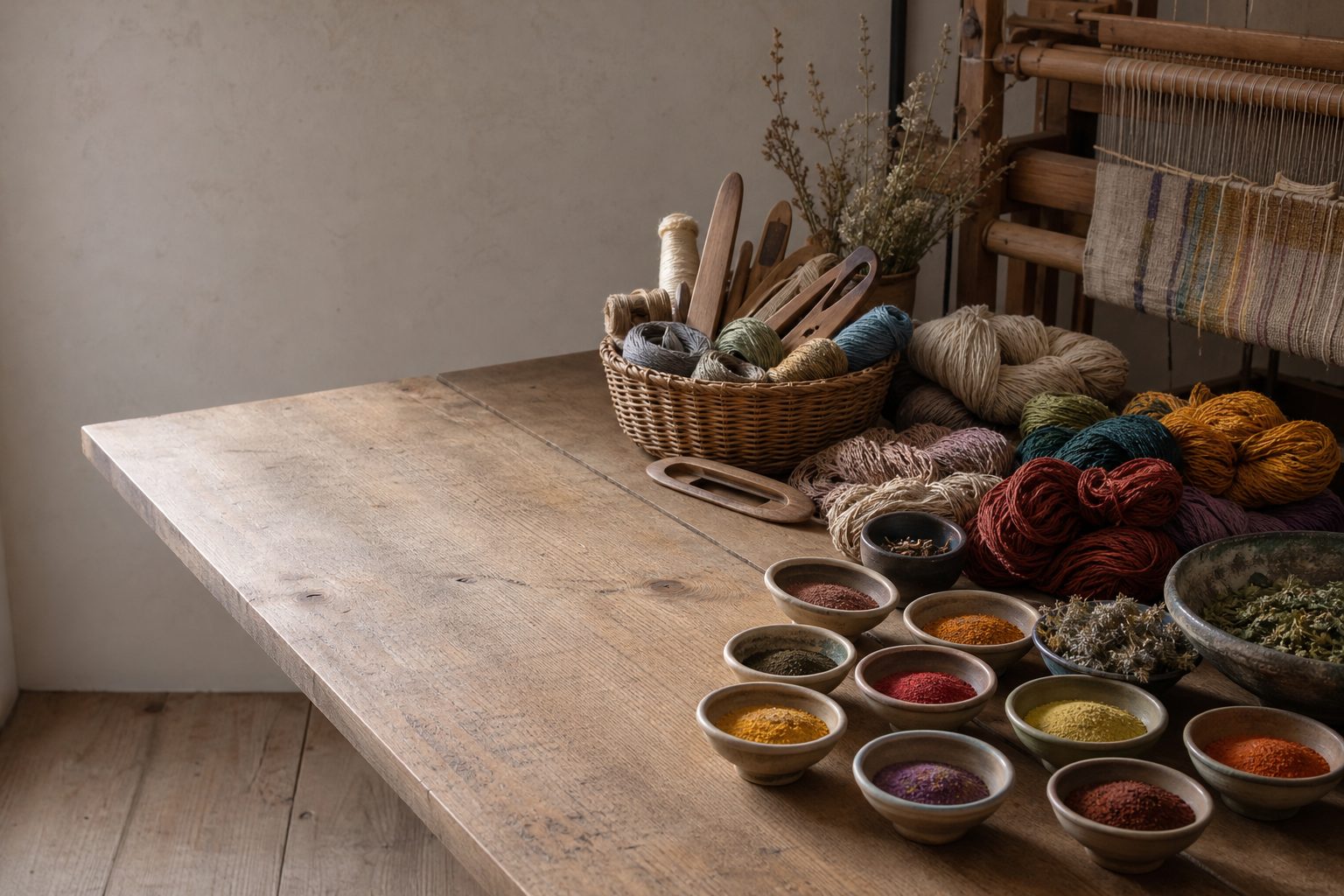 A wide worktable showing colorful weaving threads, natural dyes in bowls, and weaving tools with soft side light and empty space on one side